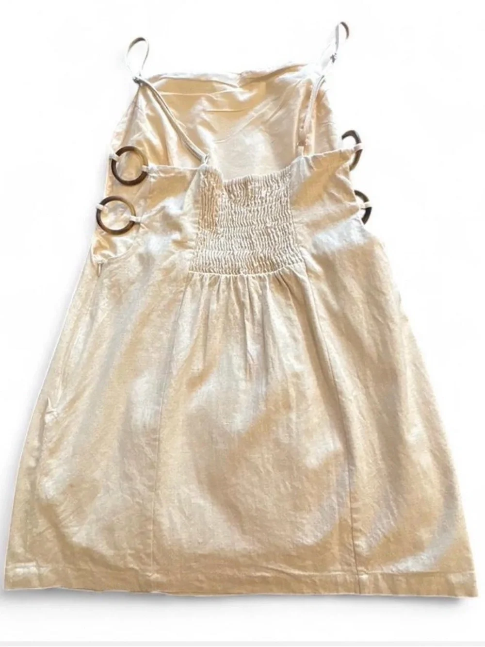 $148 Anthropologie Smocked Linen Cream Mini Dress with Side Ring Details M - Picture 6 of 8